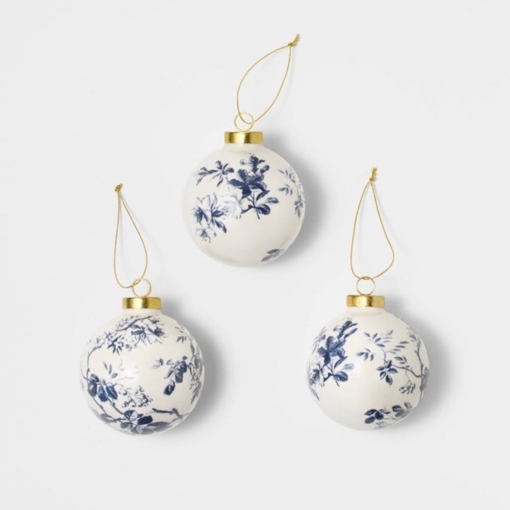 Set of 3 Hand Painted Christmas Ornaments White/Blue - Threshold Studio McGee